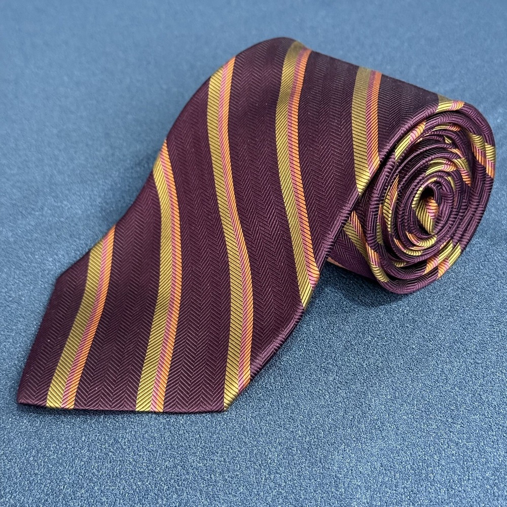 Brooks Brothers Stain Resistant Silk Tie Burgundy Gold Stripe Herringbone 3.5"